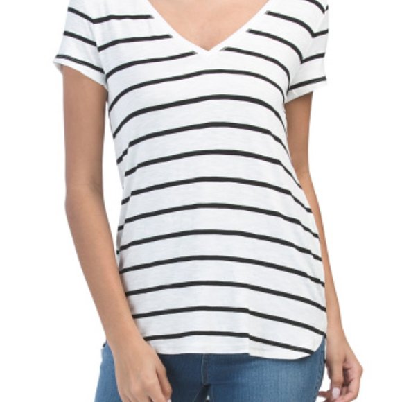 WHITE HOUSE BLACK MARKET Cap Sleeve V-neck Striped Stretch Tee - Picture 1 of 2